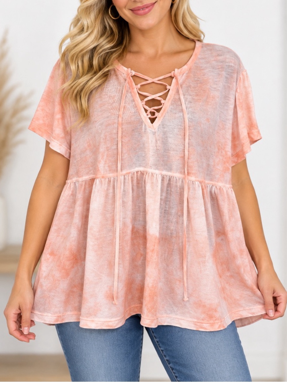 Easel brand peach tie dye short sleeve babydoll style top